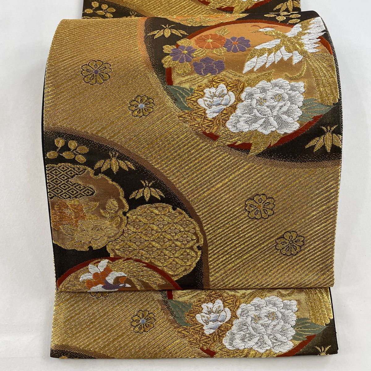 中古 袋帯 唐織 正絹 引箔 金地 ゴールド 花 華文 鳳凰 鳥 唐草 唐花 