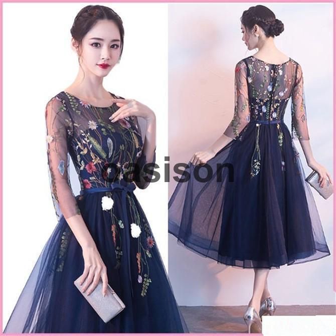 パーティードレス シースルー 花柄 刺繍 オーガンジー ネイビー