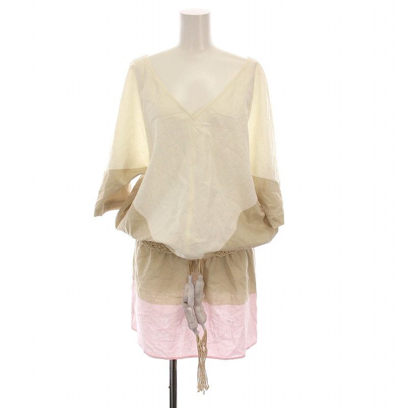 トリーバーチ TORY BURCH Cotton color blocked dress ミニ ワンピース 半袖 リネン混 S ホワイト カーキ ピンク 15B259 |YM