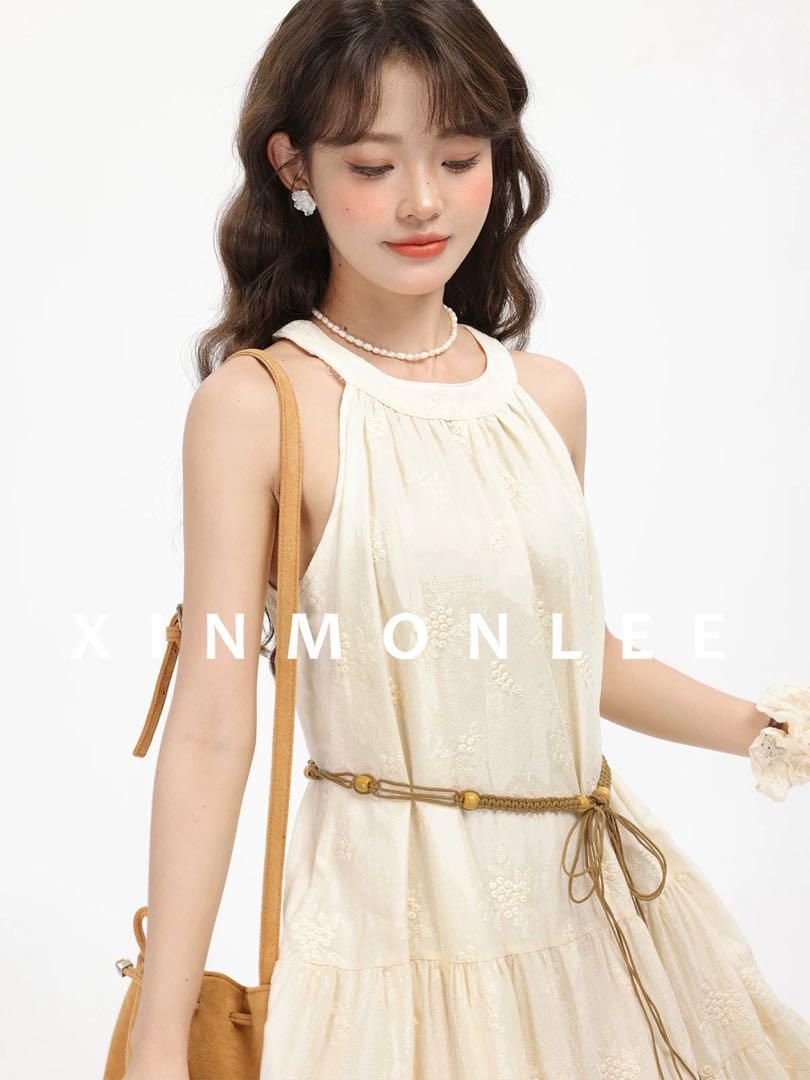 ホルターネックキャミワンピースひざ丈デートジャカードドレス