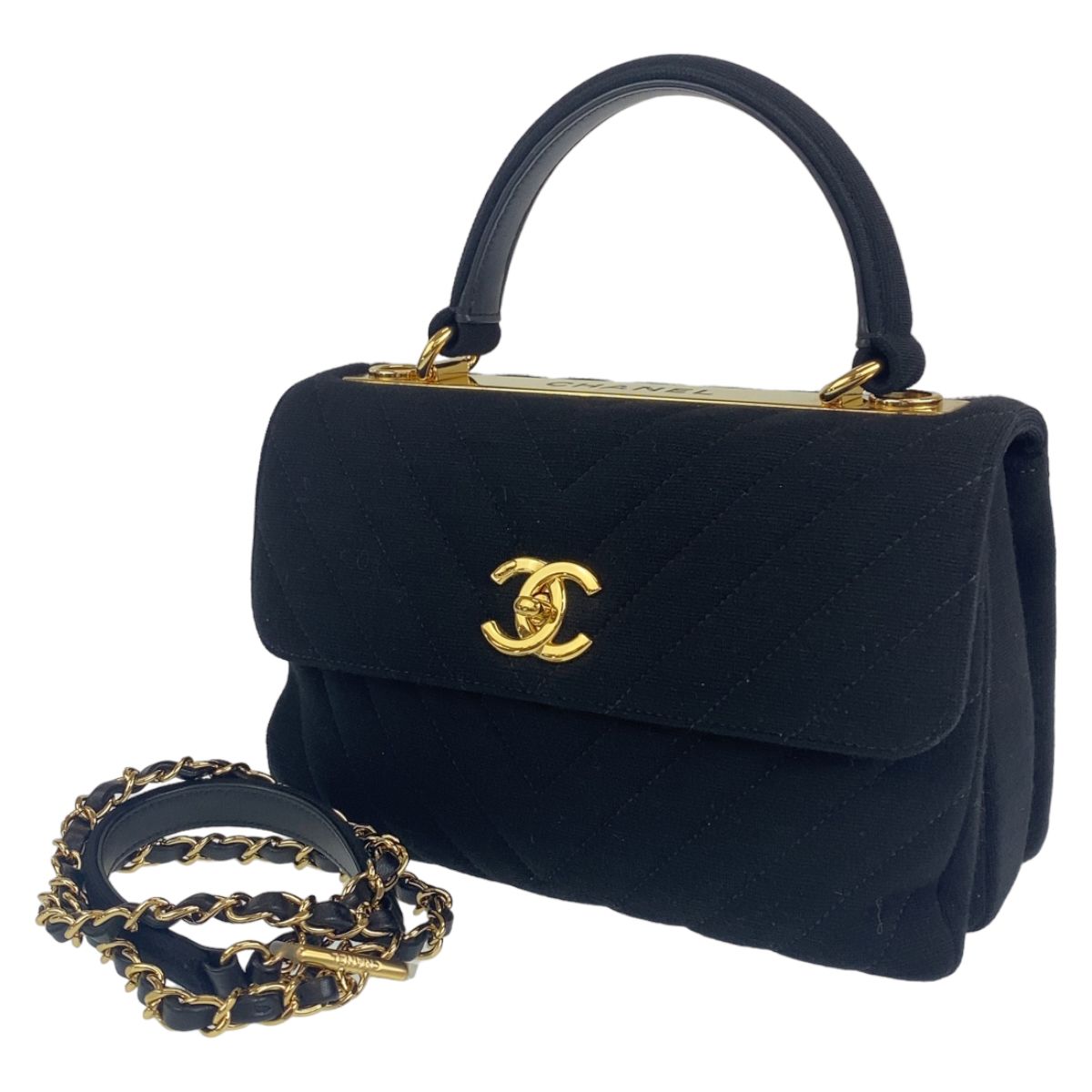 美品 CHANEL シャネル ココマーク トップハンドル Vステッチ ブラック 黒 ゴールド金具 コットンキャンバス /レザー ハンドバッグ 2way ショルダーバッグ レディース 403060