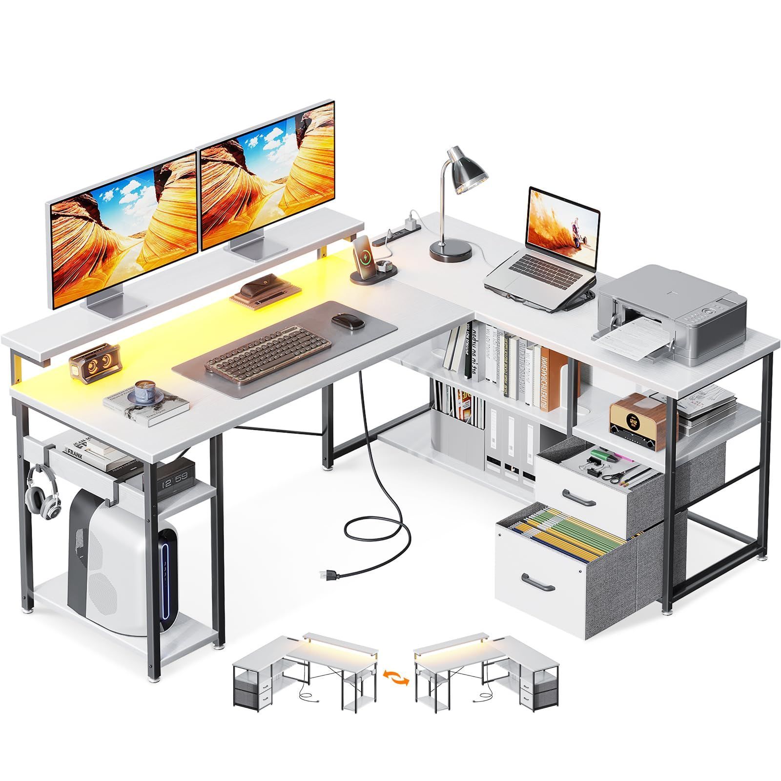 新着商品 pcデスク 収納 棚付き 幅135cm オフィスデスク 机 デスク 仕事用 l字デスク 在宅勤務 コンセント付き ゲーミングデスク 組立簡単 引き出し2杯付き パソコンデスク ホワイト ODK