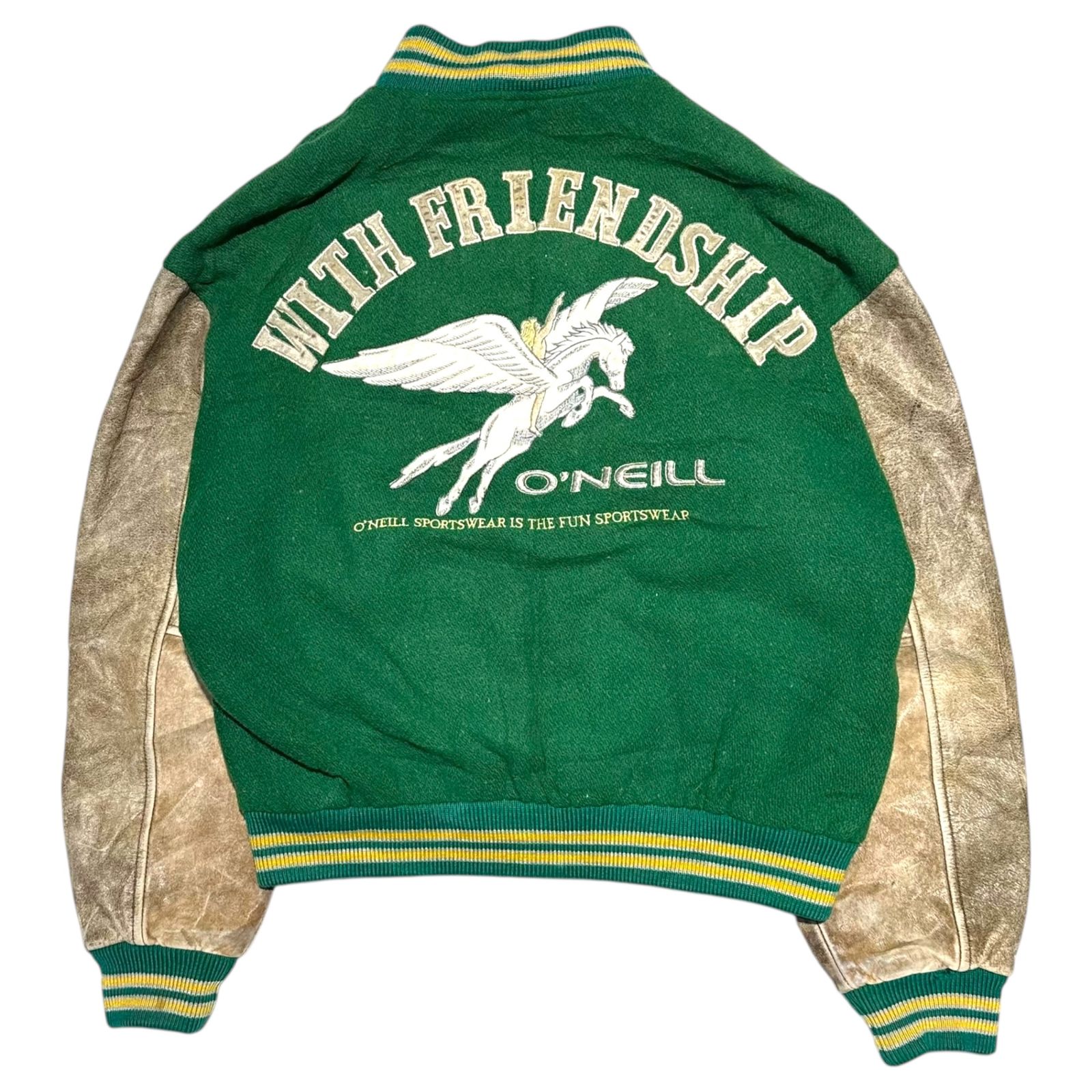 値下O'NEILL オニール スタジャン グリーン レザー袖 O'NEILL(オニール) Old Sleeve Leather Pegasus Patch Stadium