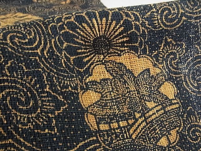 平和屋本店■極上　夏物　古代原始布　科布　八寸名古屋帯　型染め　藍　花唐草文　逸品　KAAA10532kk4 平和屋本店□極上 夏物 古代原始布 科布 八寸名古屋帯 型染め 藍 花