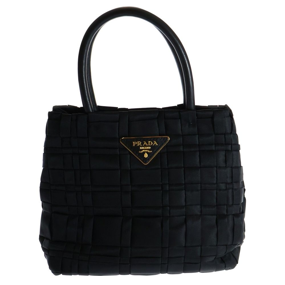 PRADA プラダ テスートナイロン ウェーブ レザー トライアングルロゴプレート ハンドバッグ ゴールド金具 ブラック BN1654