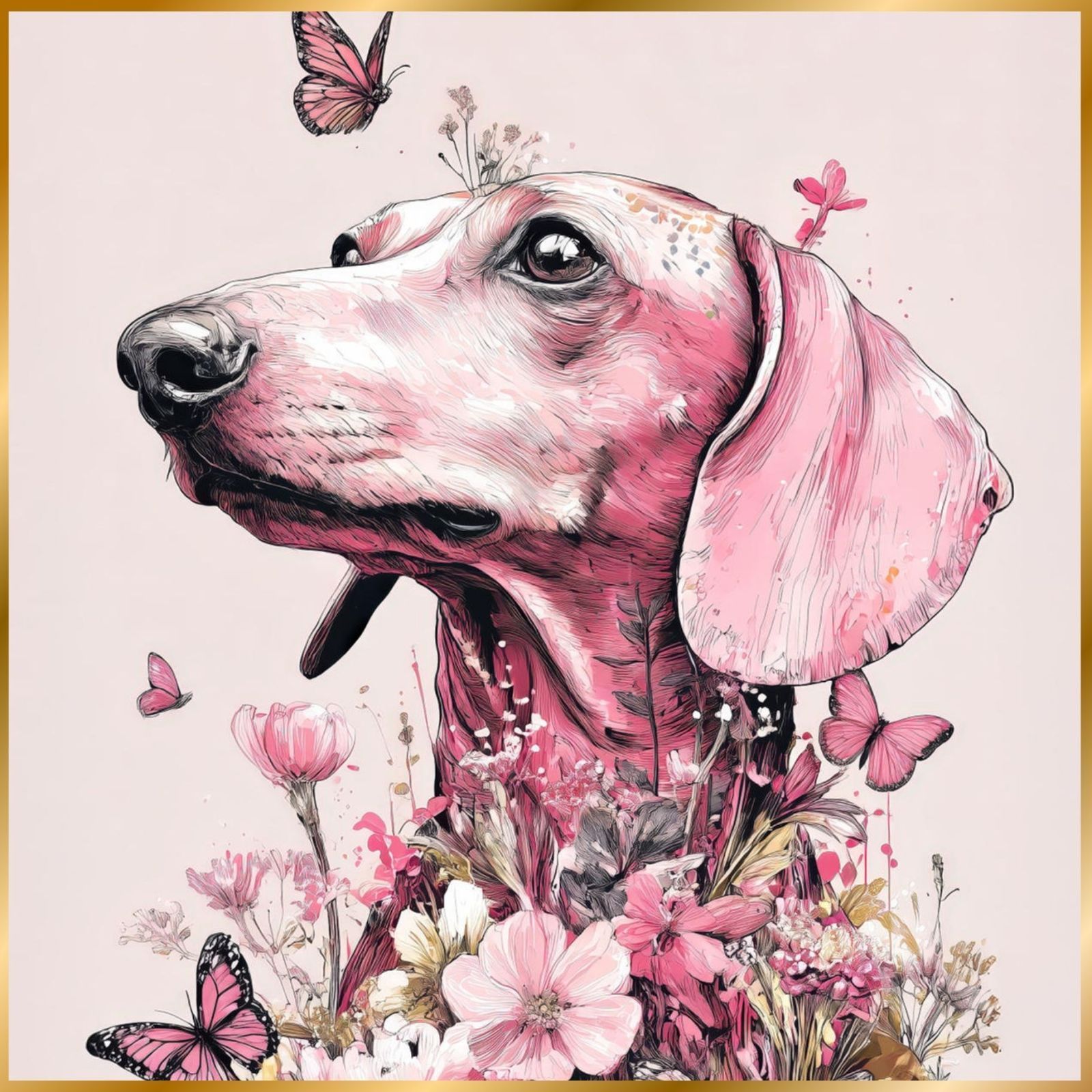蝶よ花よ - ダックスフンド犬 No.2 ピンク 犬の絵 犬のイラスト おしゃれ エレガント ゴージャス 豪華 インテリアアート ペットロス うちの子 記念日 アートポスター ギフト