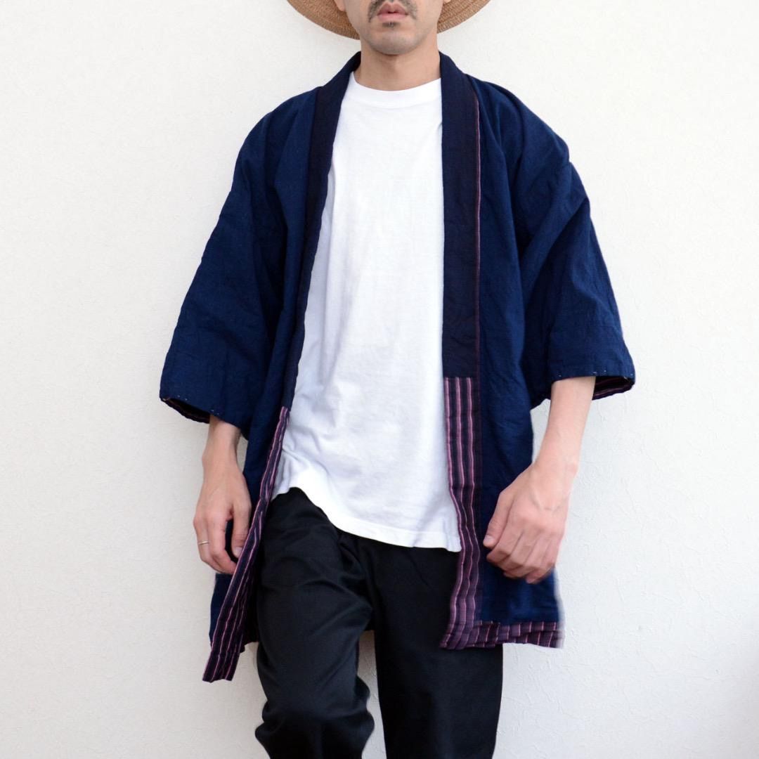 野良着｜藍無地裏地 × 縞木綿 ジャパンヴィンテージ｜ハンドメイド リメイクにも | Japanese Vintage Noragi Jacket – Indigo Plain Lining × Striped Cotton Fabric