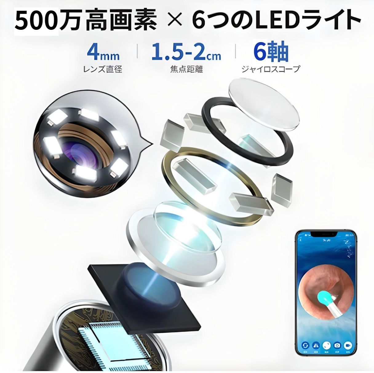 新品✨耳かきカメラ イヤースコープ 白 耳掃除 LED ジャイロスコープ 安全-