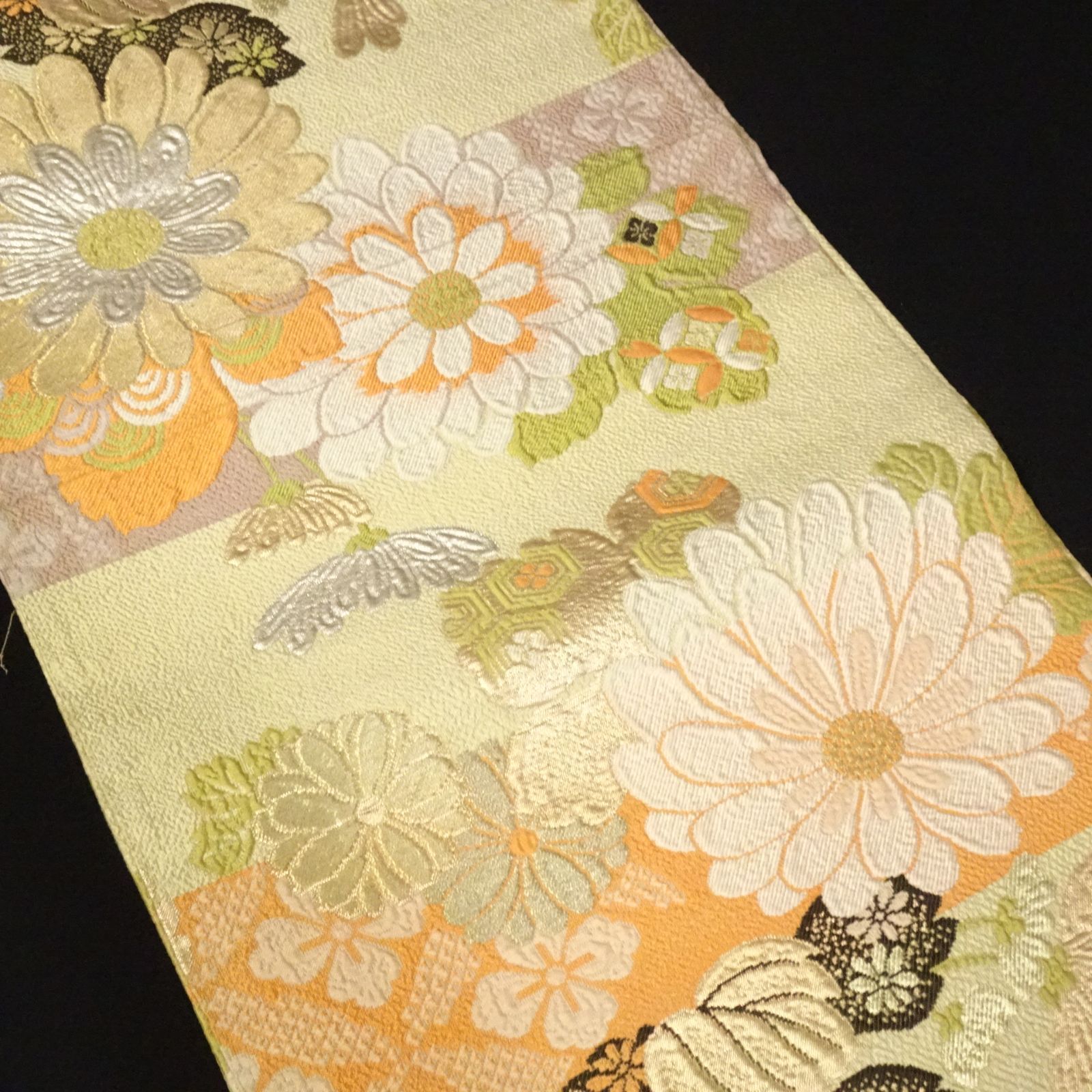 アンティーク 丸帯 纐纈 横段 菊 膨れ織 230841