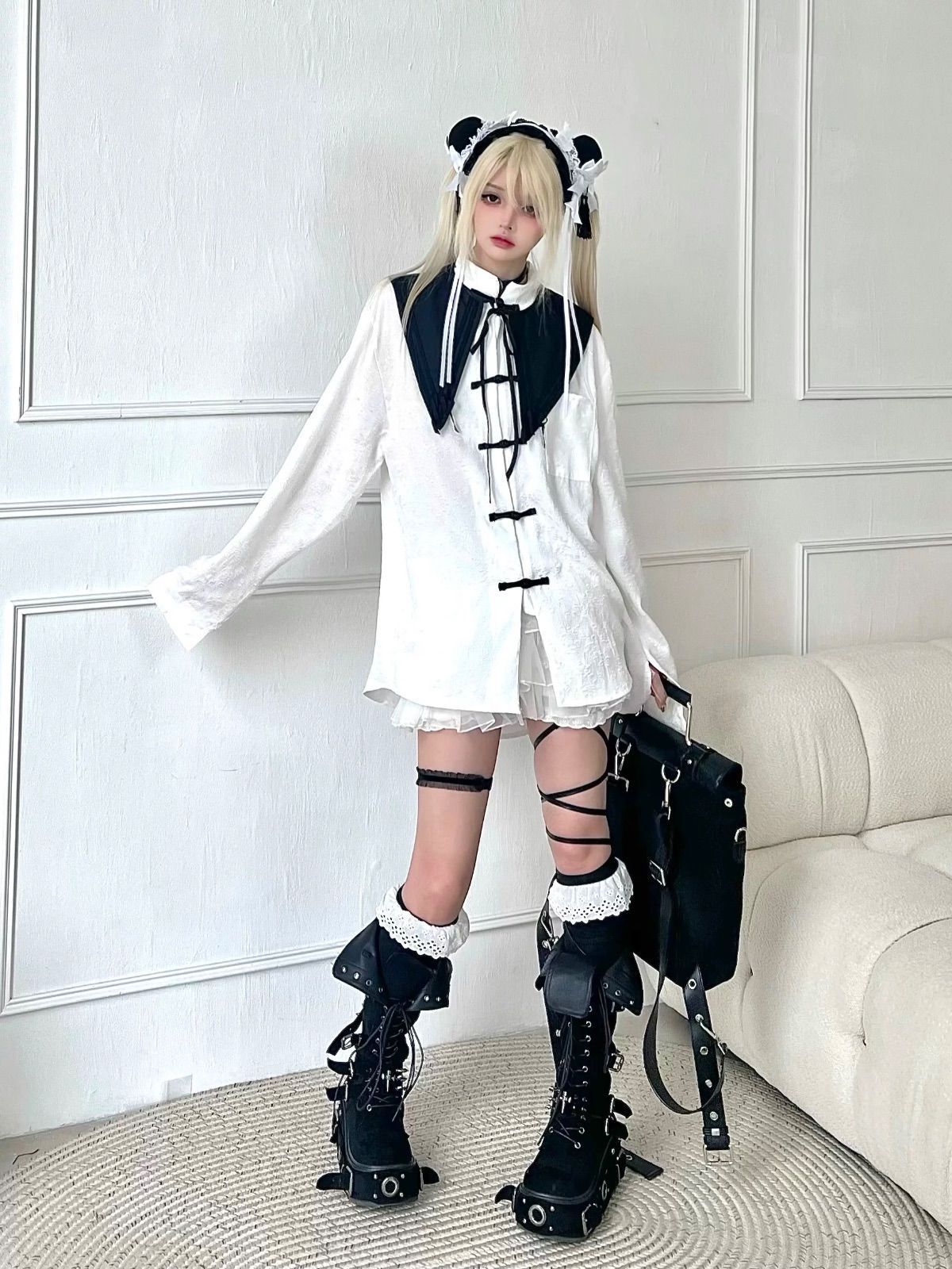 付け襟付き トップス サブカル ファッション チャイナ風 チャイナドレス 大きめ ゆったり リボン パーカー ブルー 服 天使界隈