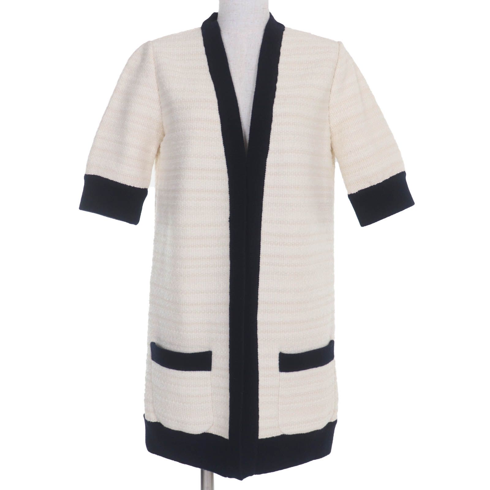 GUCCI グッチ 490346 ウール コットン フロントオープン ツイード ノーカラー コート アイボリー M イタリア製 正規品 レディース