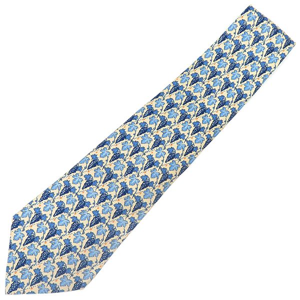 エルメス HERMES ネクタイ グレープ 9cm シルク ブルー×ベージュ 青 ブドウ フルーツ 果物柄 【中古】