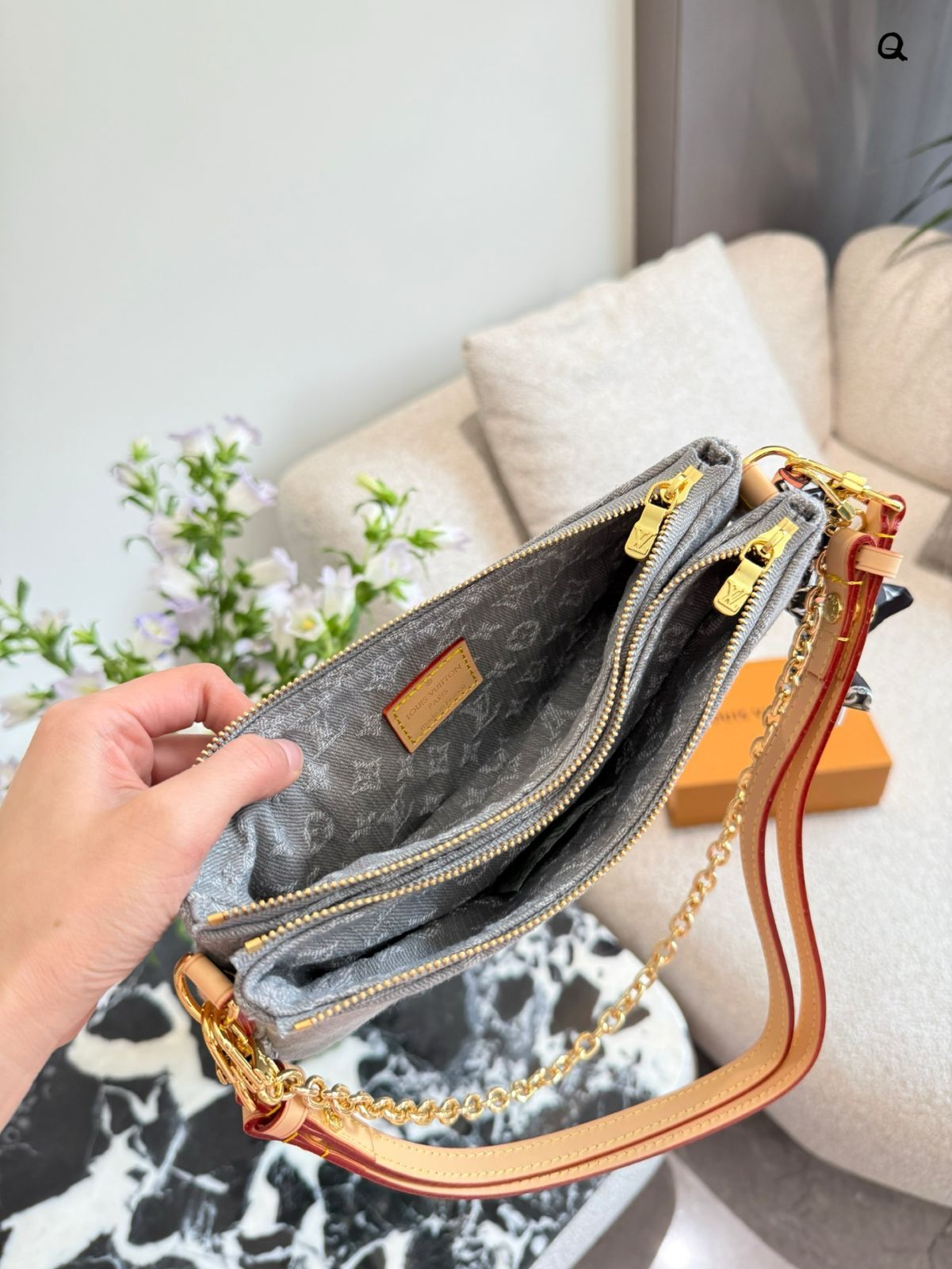 今日特価】LV Double Zipper Mahjong Bag [Denim Grey 25cm