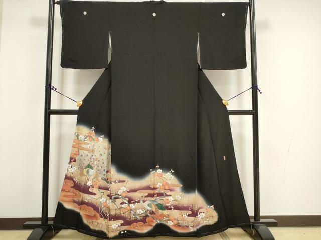 平和屋着物□豪華黒留袖 刺繍 孔雀枝梅文 万寿染 金彩 正絹 逸品