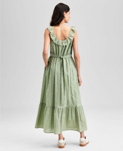 アンドノウディス レディース ワンピース トップス Women s Cotton Ruffle-Trim Scoop-Neck Voile Maxi Dress P XXS-4X Herbal Sage