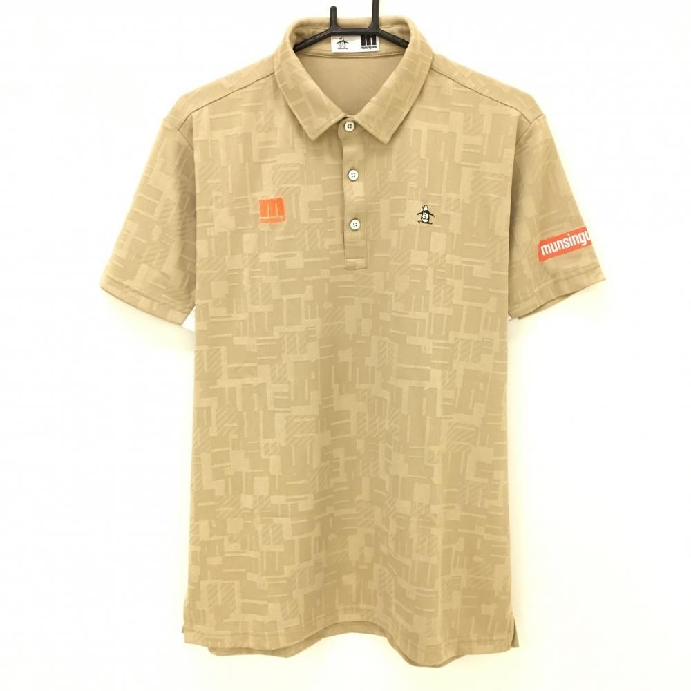 【超美品】マンシングウェア 半袖ポロシャツ ベージュ×白 総柄織生地 ロゴ刺しゅう メンズ LL ゴルフウェア Munsingwear