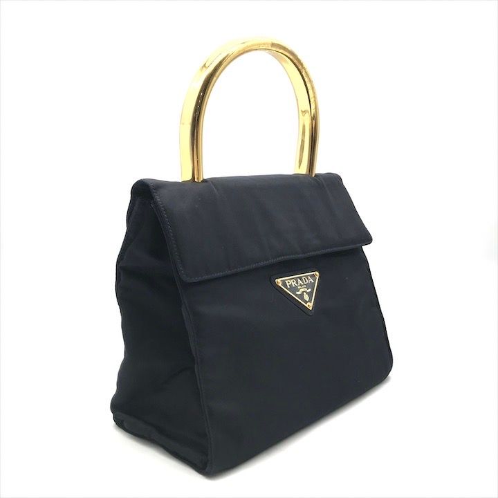 良品 PRADA プラダ 三角ロゴ プレート メタル ハンドル ナイロン 