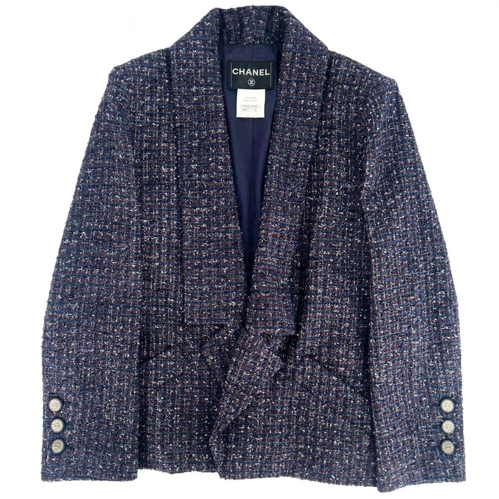 CHANEL ネイビー ヴィンテージジャケット サイズ42 美品 シャネル テーラードジャケット レディース ツイード ココマーク