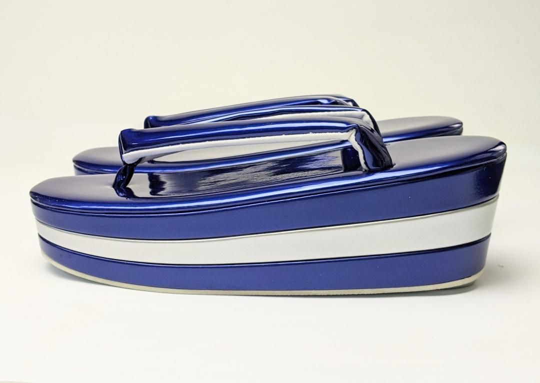 和装 草履バッグセット エナメル 青×シルバー 3枚芯 フリーサイズ w42-4