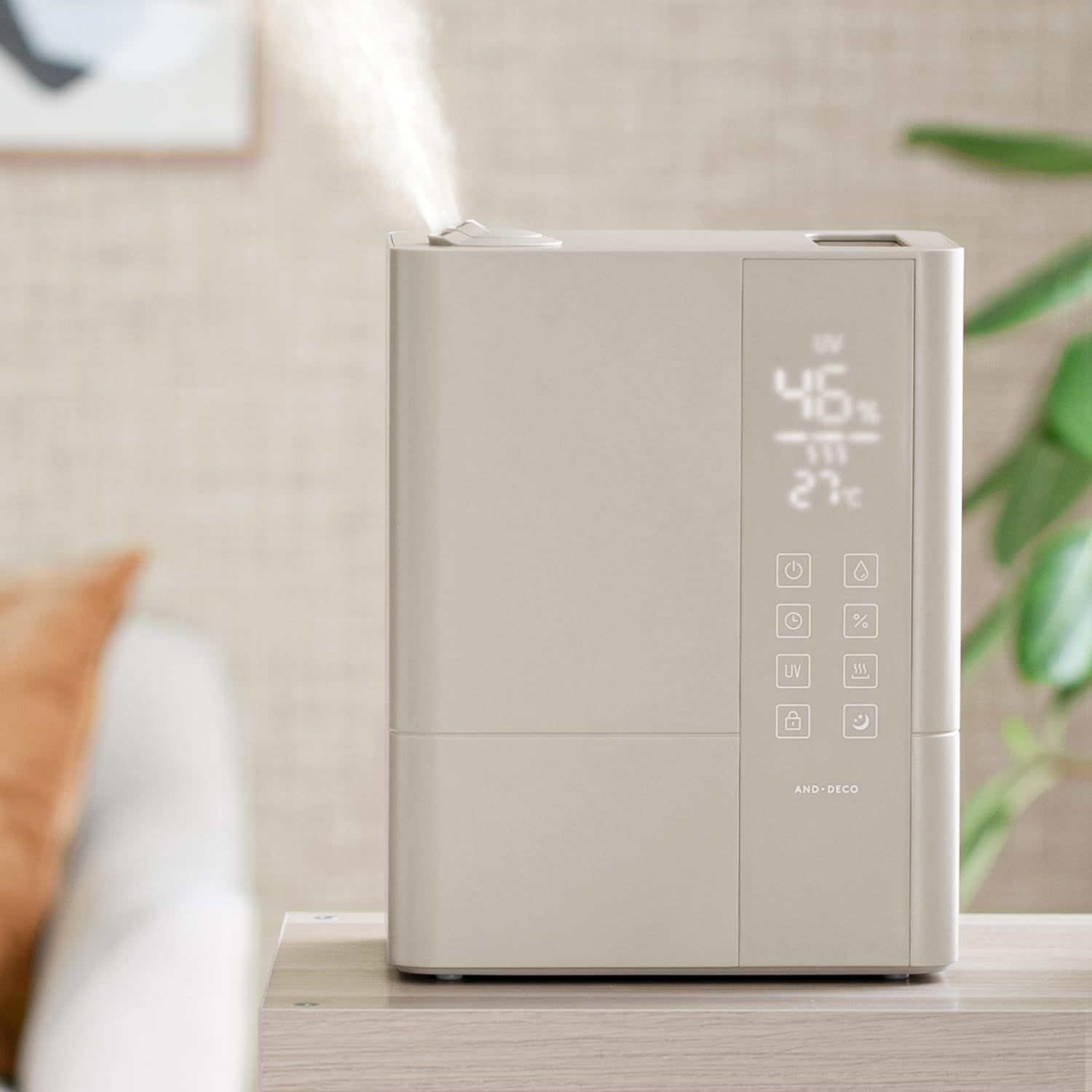 モダンデコ 加湿器 大容量 6.5L 17畳まで対応 UV除菌機能付き ハイブリッド式加湿器 100℃高温除菌 加熱式 アロマ対応 上部給水 上から給水 卓上 節電 パワフル加湿 リモコン付き 乾燥対策 グレージュ