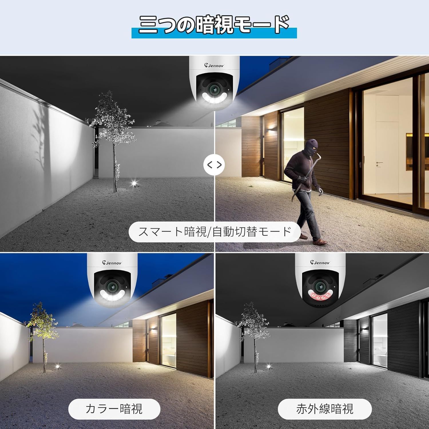 JENNOV 防犯カメラ 屋内屋外 wifi 2K IP66防水 自動追尾機能 360度広角 