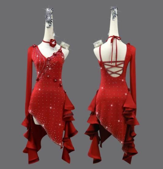 社交ダンス衣装 ラテンワンピースドレス 刺繍 ブラック＋レッド