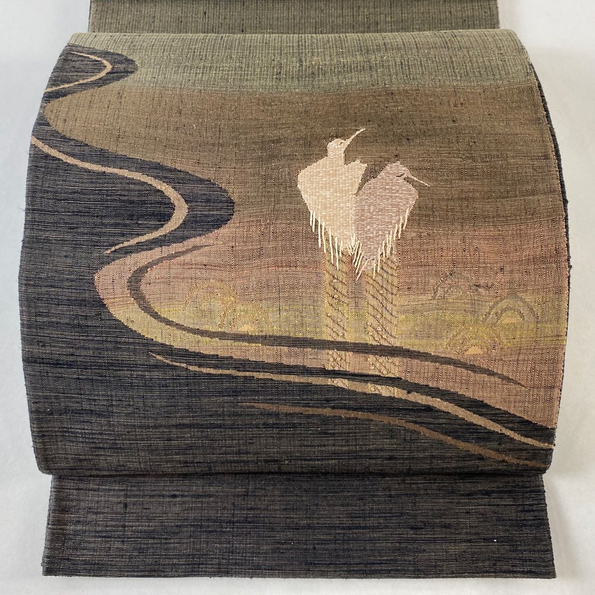 袋帯 秀品 紬地 鳥 流水 刺繍 金糸 墨色 お太鼓柄 正絹
