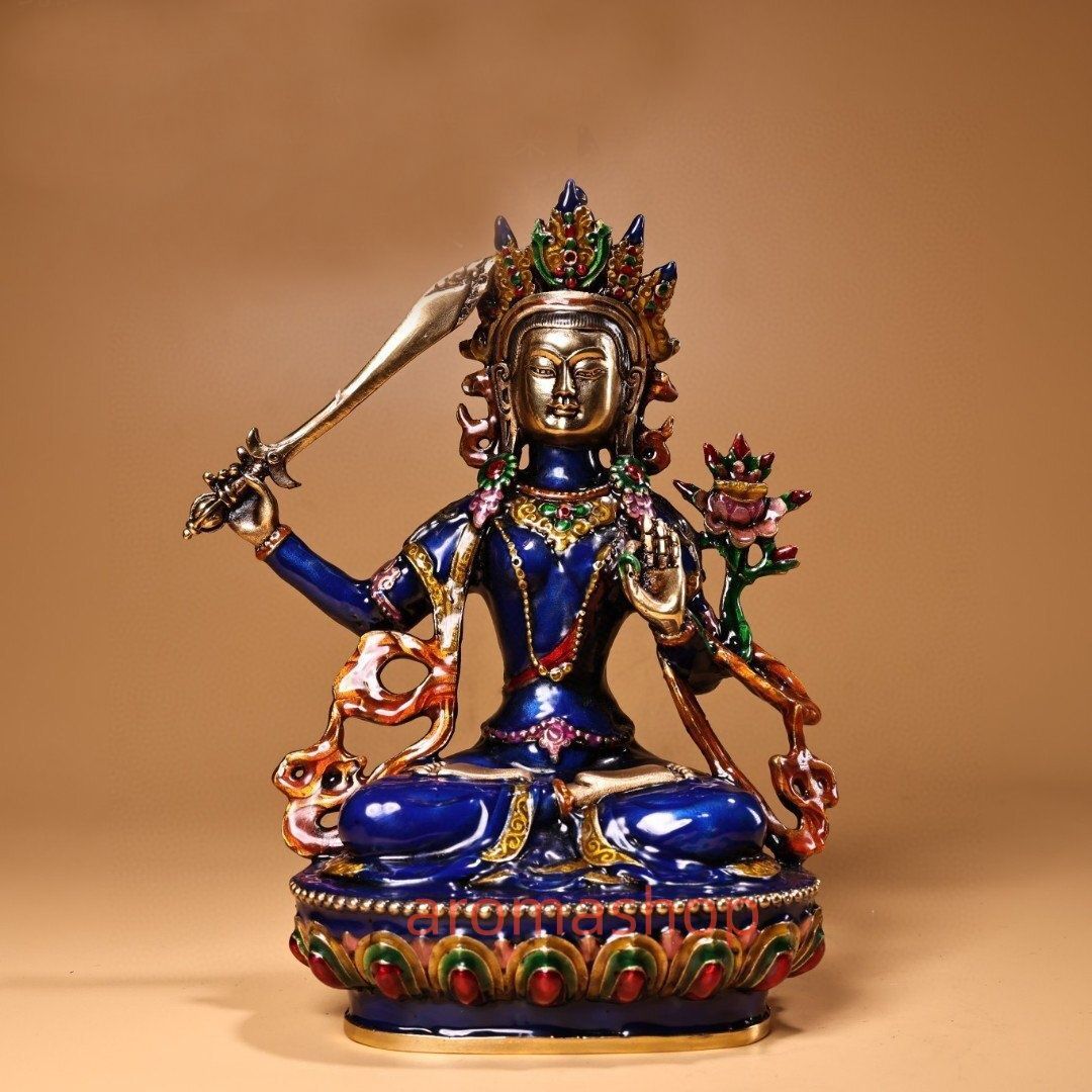 蔵伝純銅 景泰藍エナメル彩 文殊菩薩仏像 仏像 仏教 美術 置物 収蔵