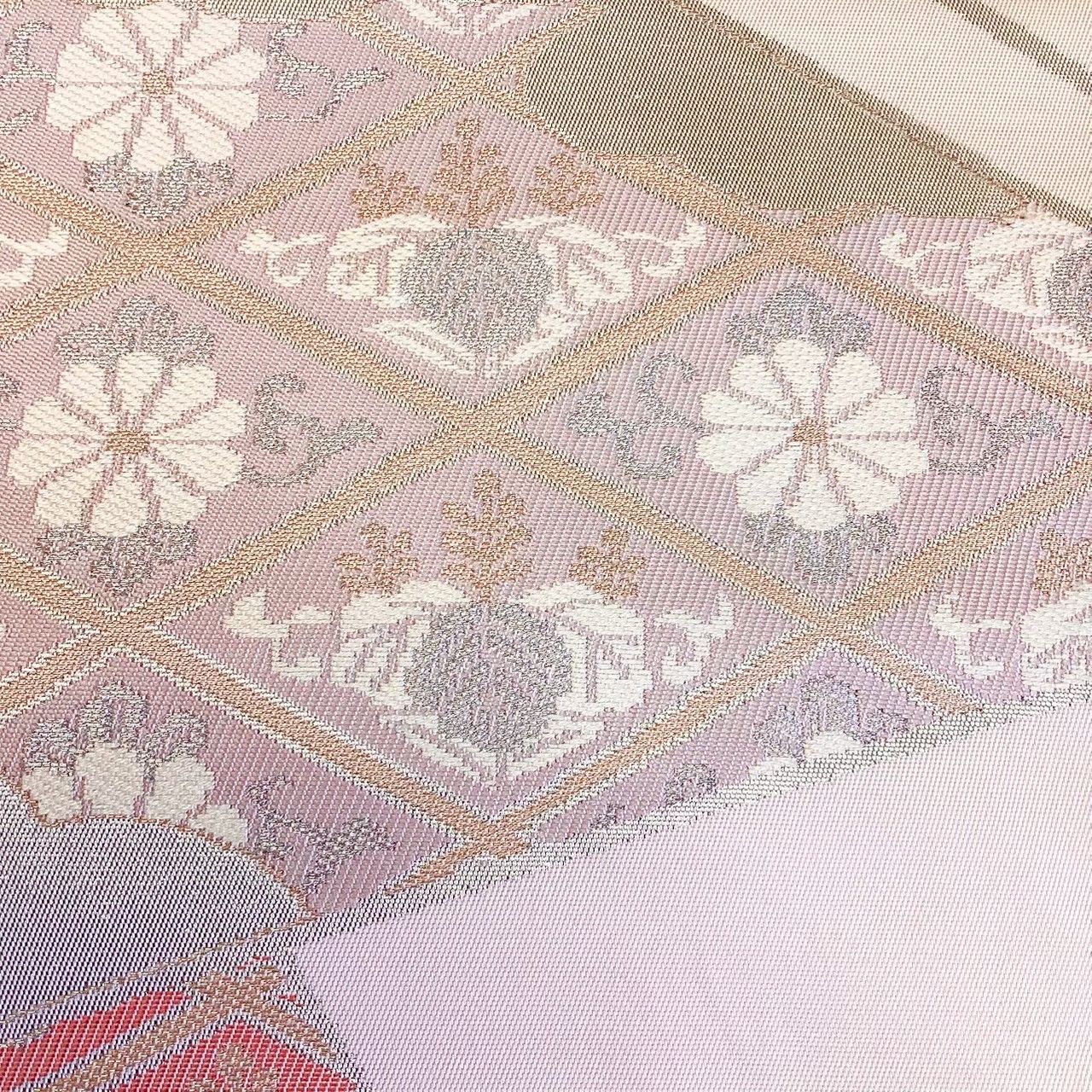 5680］名古屋帯 扇花菱文様 銀糸 九寸 正絹 着物 - メルカリ