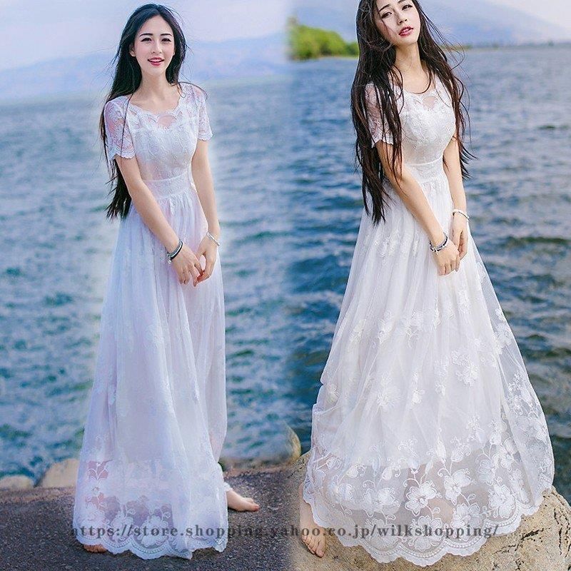ロングドレス ワンピース 結婚式ドレス レディース マキシ丈ワンピース 夏 きれいめ 白 上品 レース 刺繍花柄 ロング丈 ドレス 40代 大人 オシャレ