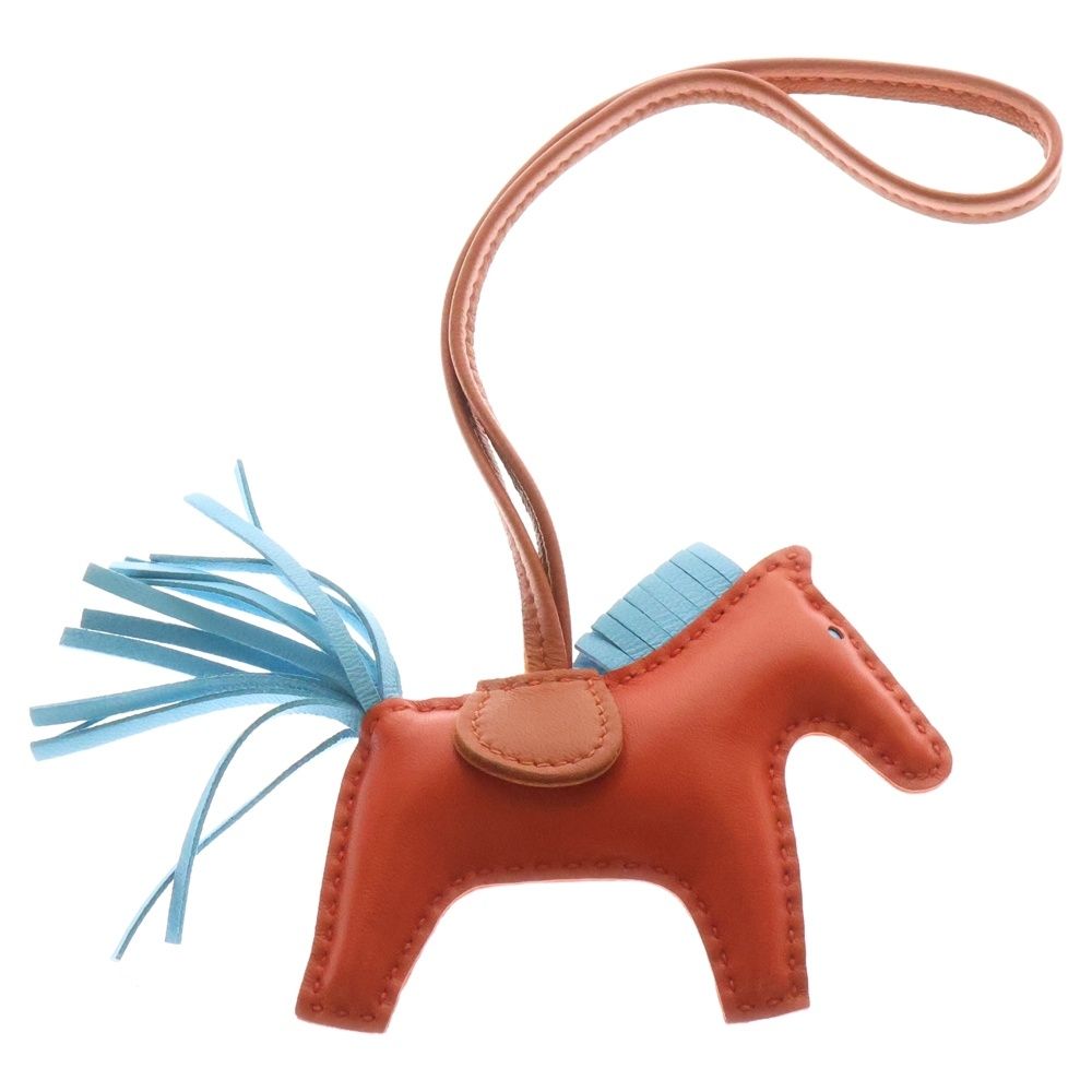 HERMES エルメス ロデオPM バッグチャーム ストラップ オレンジ×ライトブルー レザー A刻印