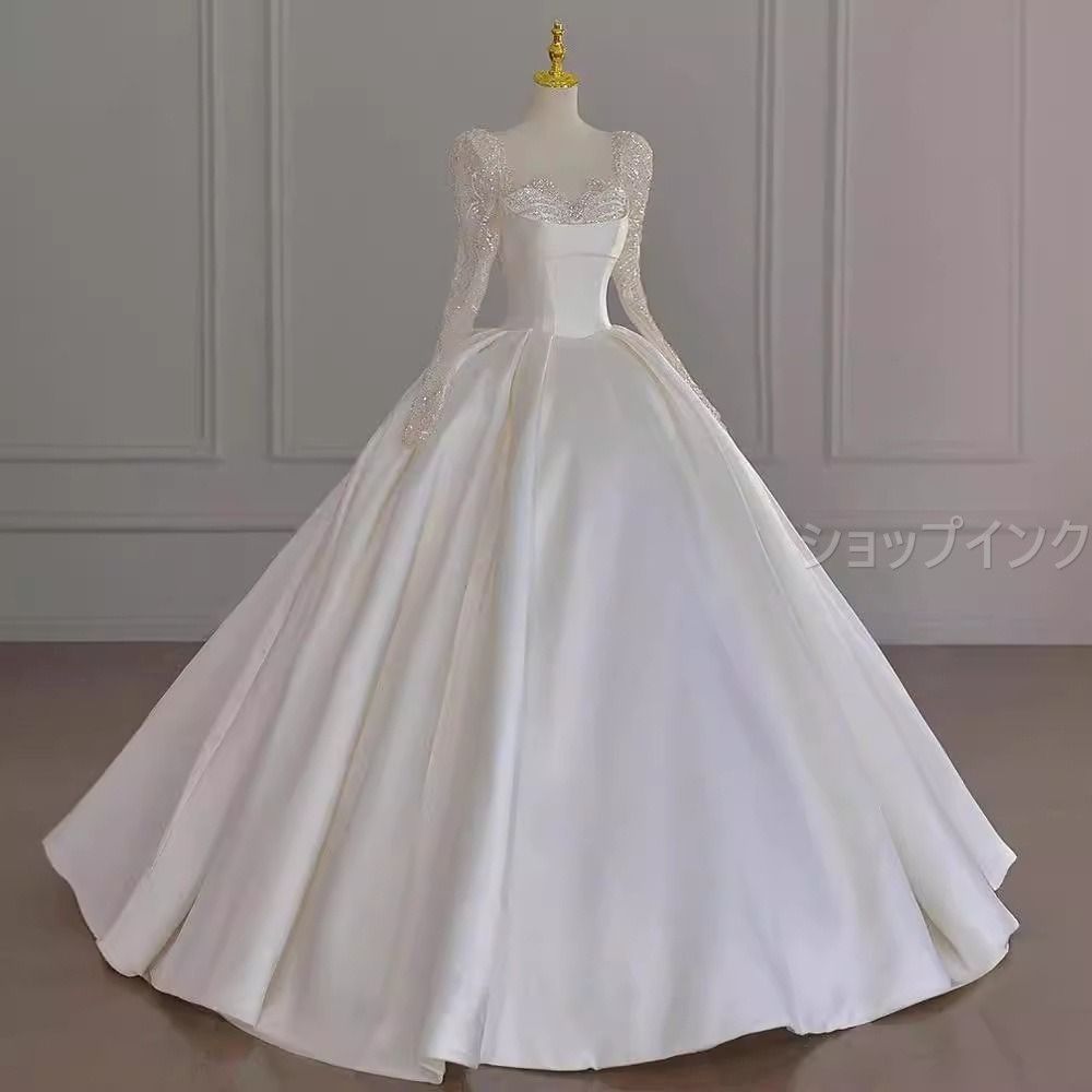 ウェディングドレス 結婚式 花嫁 ロングトレーン スクエアネック 袖あり 長袖 透け感 ロングドレス Aライン バックレス スレンダーライン バルーン袖 ホワイト 編み上げ