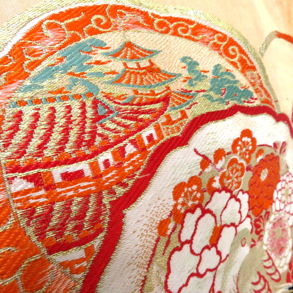 名古屋帯 アンティーク帯 昔名古屋帯 オレンジ 白 赤 金 黒 鏡裏 花鳥