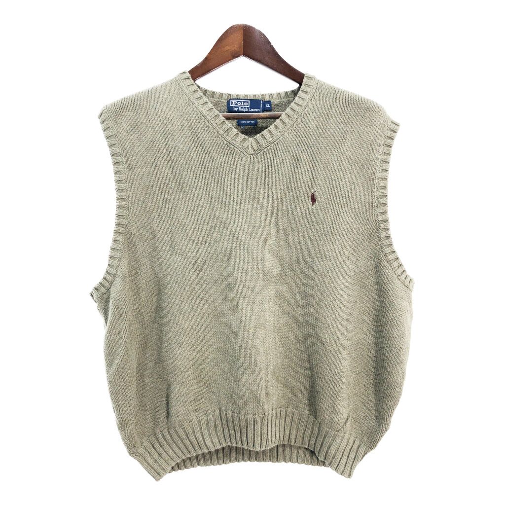 90年代 Polo by Ralph Lauren ポロ ラルフローレン Vネック コットン ニット ベスト カーキ (メンズ XL) 中古 古着 S4187