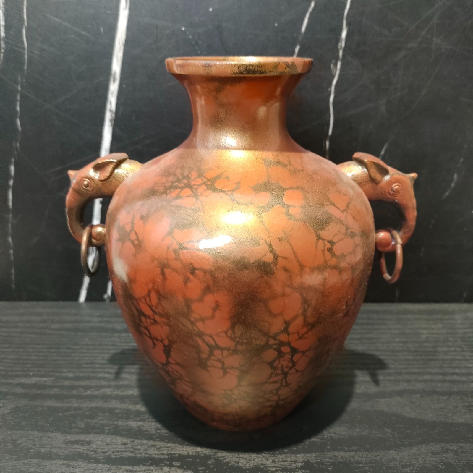 11【レア・美品】アンティーク 花瓶 象 双耳 特殊合金 金属 耳付き 