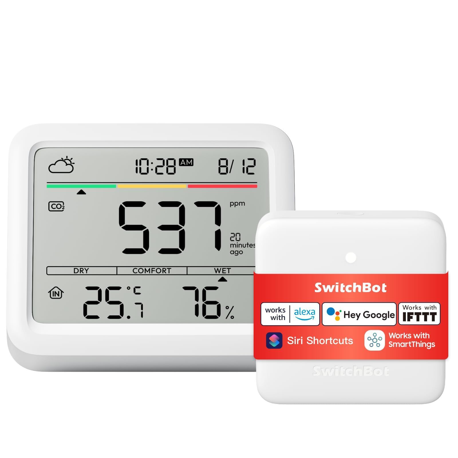 商品 スイッチボット - アラーム スマートリモコン CO2測定器 ハブ 温湿度計 スマートホーム 二酸化炭素濃度計 Alexa Google CO2センサー Home セット買い SwitchBot Siriに対応 CO2センサー1点 ハブミニ1点