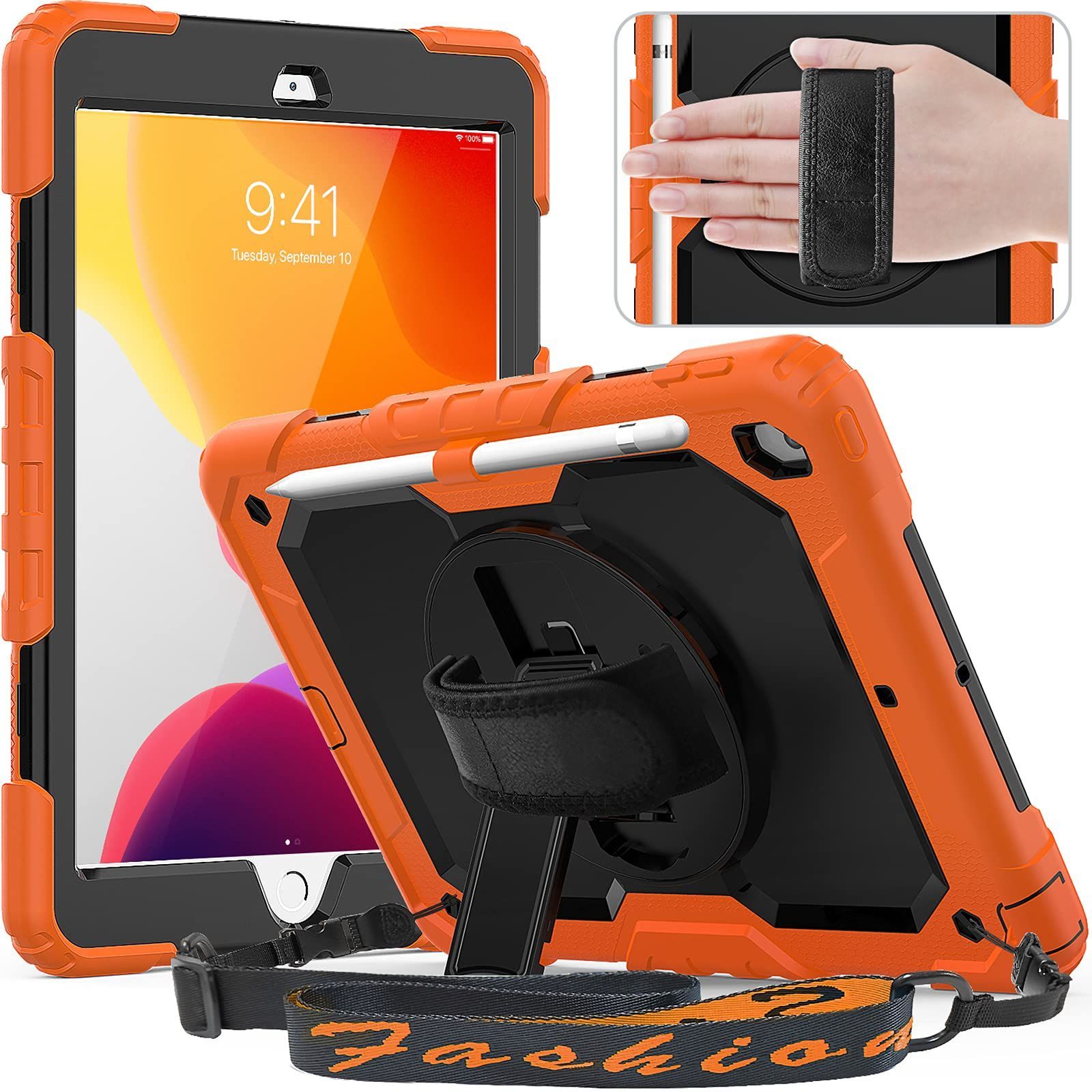 【数量限定】Timecity iPad 10.2 ケース (iPad 第9世代/第8世代/第7世代 ケース 2021/2020/2019新型) 保護シール内蔵 指紋防止 360度回転の折り畳スタンド 肩紐 ハンドストラップ付き ペン収納 頑丈 丈夫 