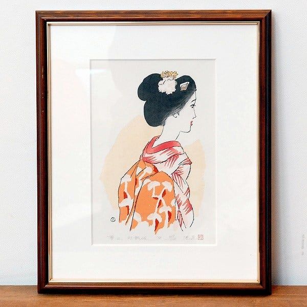 竹久夢二・港屋・木版画・額入「紅舞妓」・No.170429-13・梱包