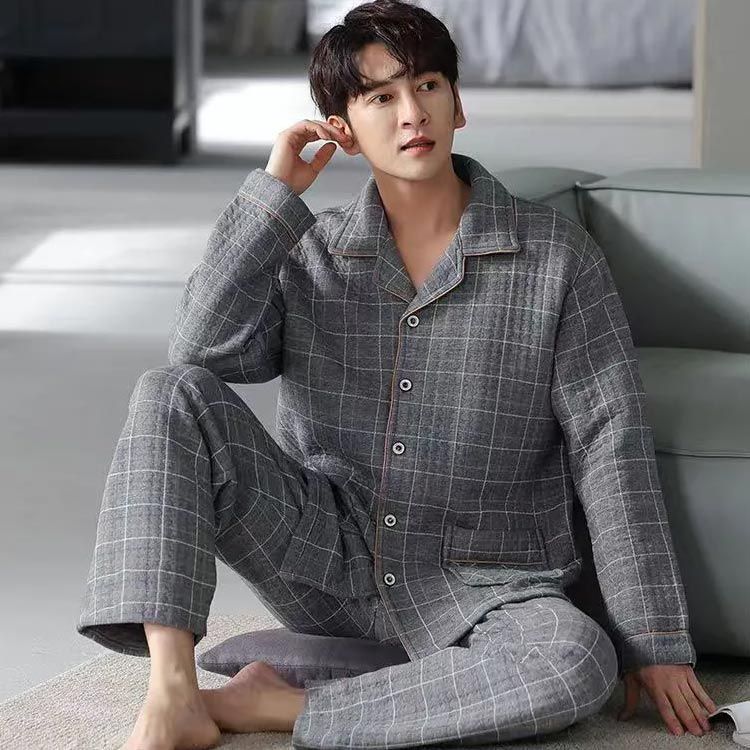 パジャマ メンズ 綿100％長袖 上下セット 前開き 秋冬 チェック柄