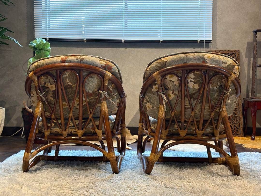 台湾製　ラタン　ヴィンテージ　籐　アームチェア　肘付き椅子　2脚セット SZ 台湾製 ラタン ヴィンテージ 籐 アームチェア 肘付き椅子 2脚セット SZ