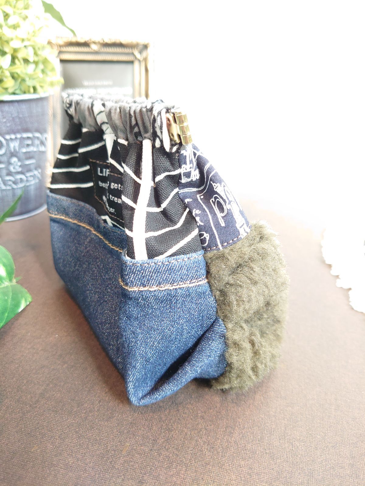 No.38 リメイクデニム&シープボア バネ口ポーチ👝 - メルカリ