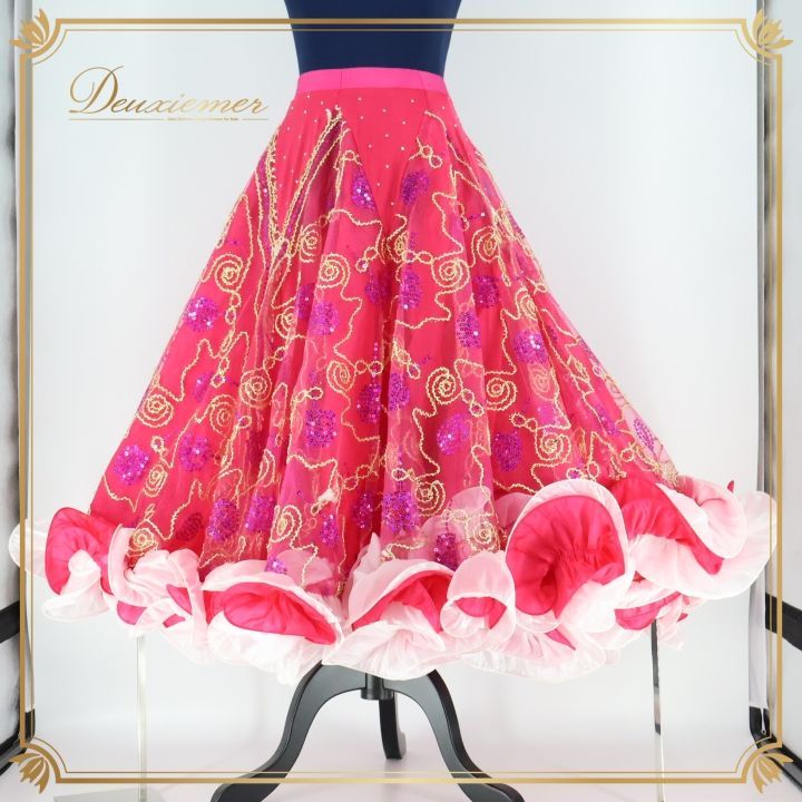 社交ダンス 衣装 スカート 巻きスカート 舞台衣装 パーティ 発表会 ステージ衣装 ダンス フリル レース ラメ ピンク系 ホワイト系 ボリューム感 おしゃれ イベント用 女性用 かわいい