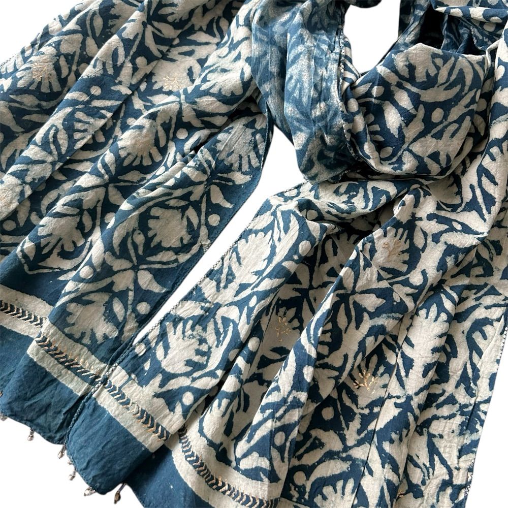 アノーキAnokhi　Mサイズクルタ　コットン100%　インディゴ染　手刺繍 アノーキAnokhi Mサイズクルタ コットン100% インディゴ染 手