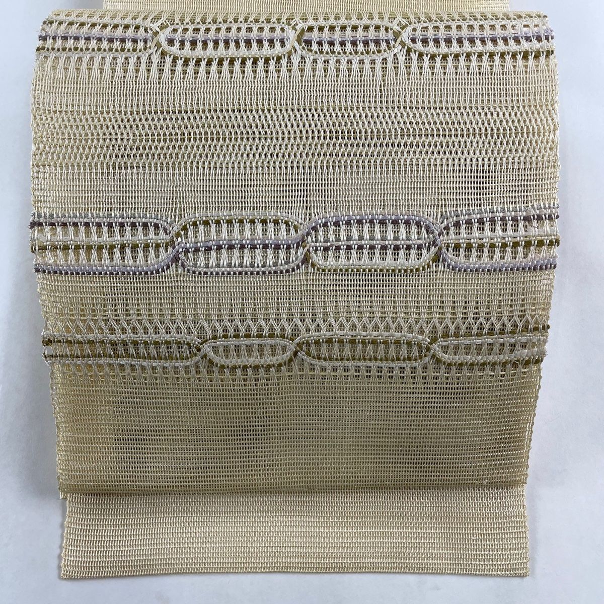 名古屋帯 秀品 八寸名古屋帯 夏帯 トンネル仕立て 幾何学模様 金銀糸 ベージュ 正絹