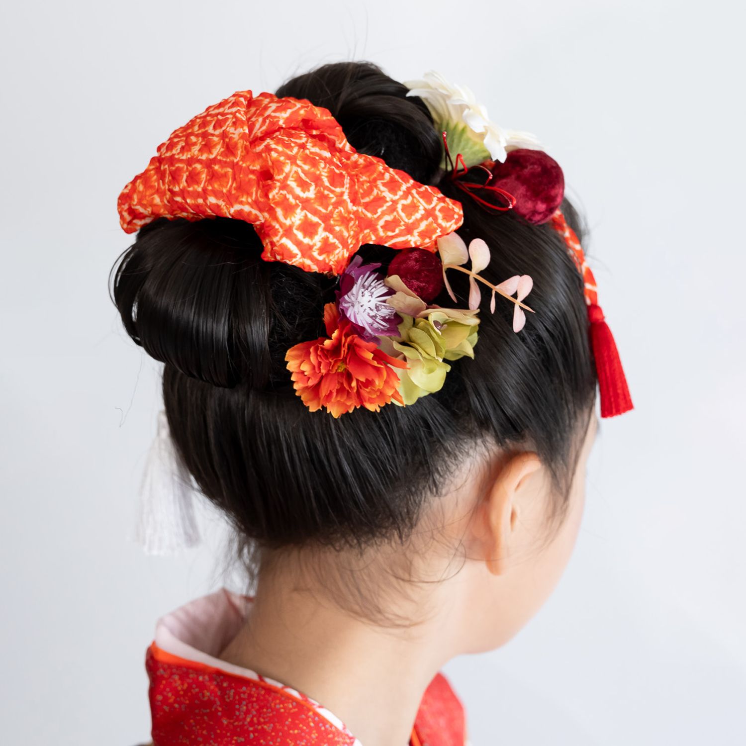 七五三7歳日本髪/ハーフ成人式振袖髪飾り赤A】ヘッドドレス＆水引き赤