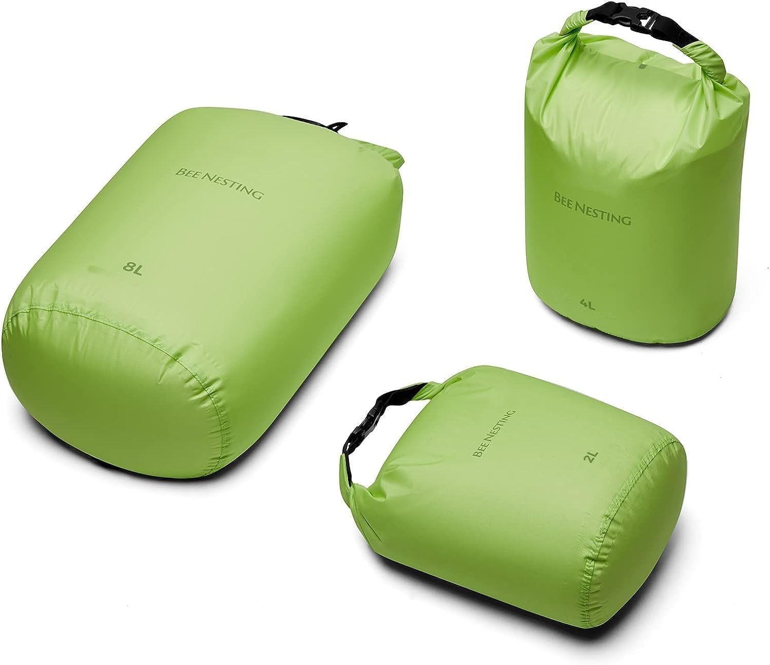 グリーン_3 Pack(2L+4L+8L) Bee Nesting 超軽量 ドライバッグセット バックパッキング用 防水ドライサック キャンプ ハイキング バイク用 軽量スタッフサック防災バッグ 3枚セット (グリーン， 2L 4L 8