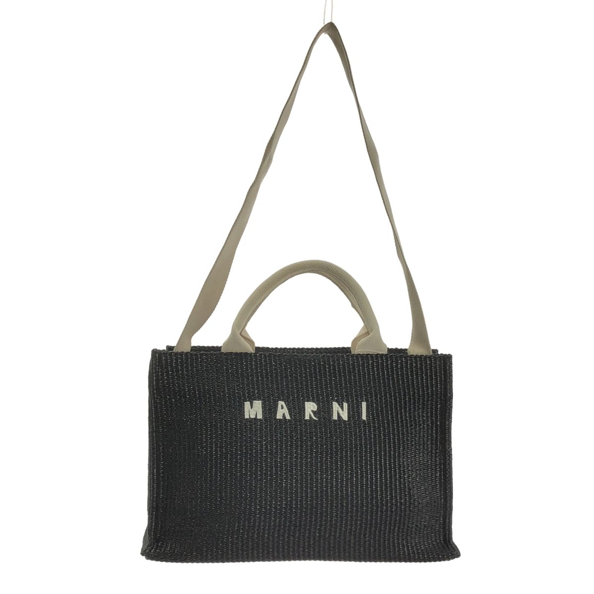 美品 MARNI ラフィア トートバッグ 2way ブラック カゴバッグ MARNI / マルニ | 2way ショルダー付き ラフィア かご ロゴ
