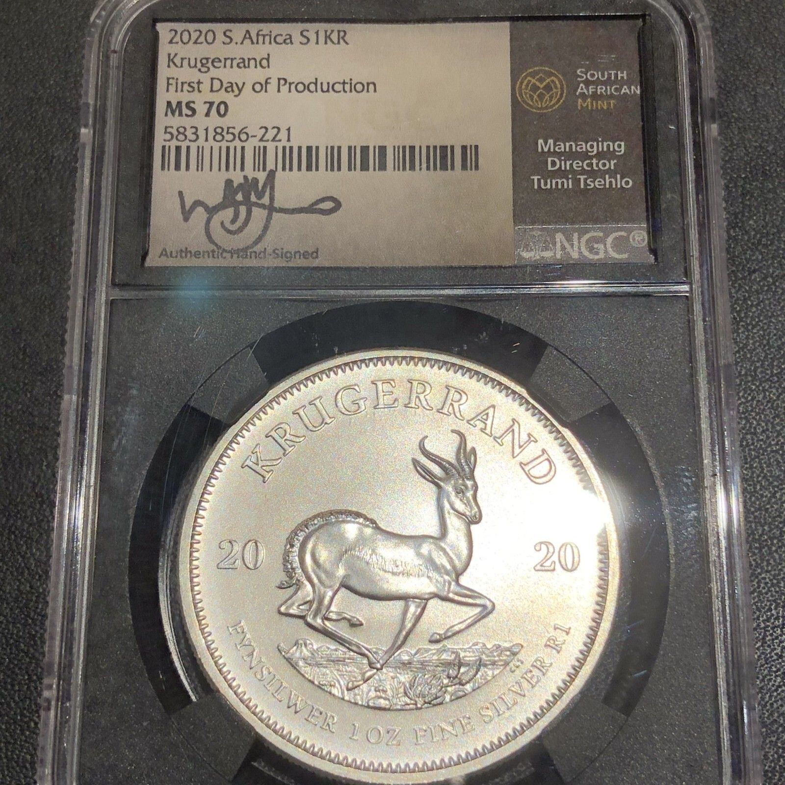 2020 SOUTH AFRICA KRUGERRAND FIRST DAY PRODUCTION MS70 SIGNED TESHLO SILVER 81S