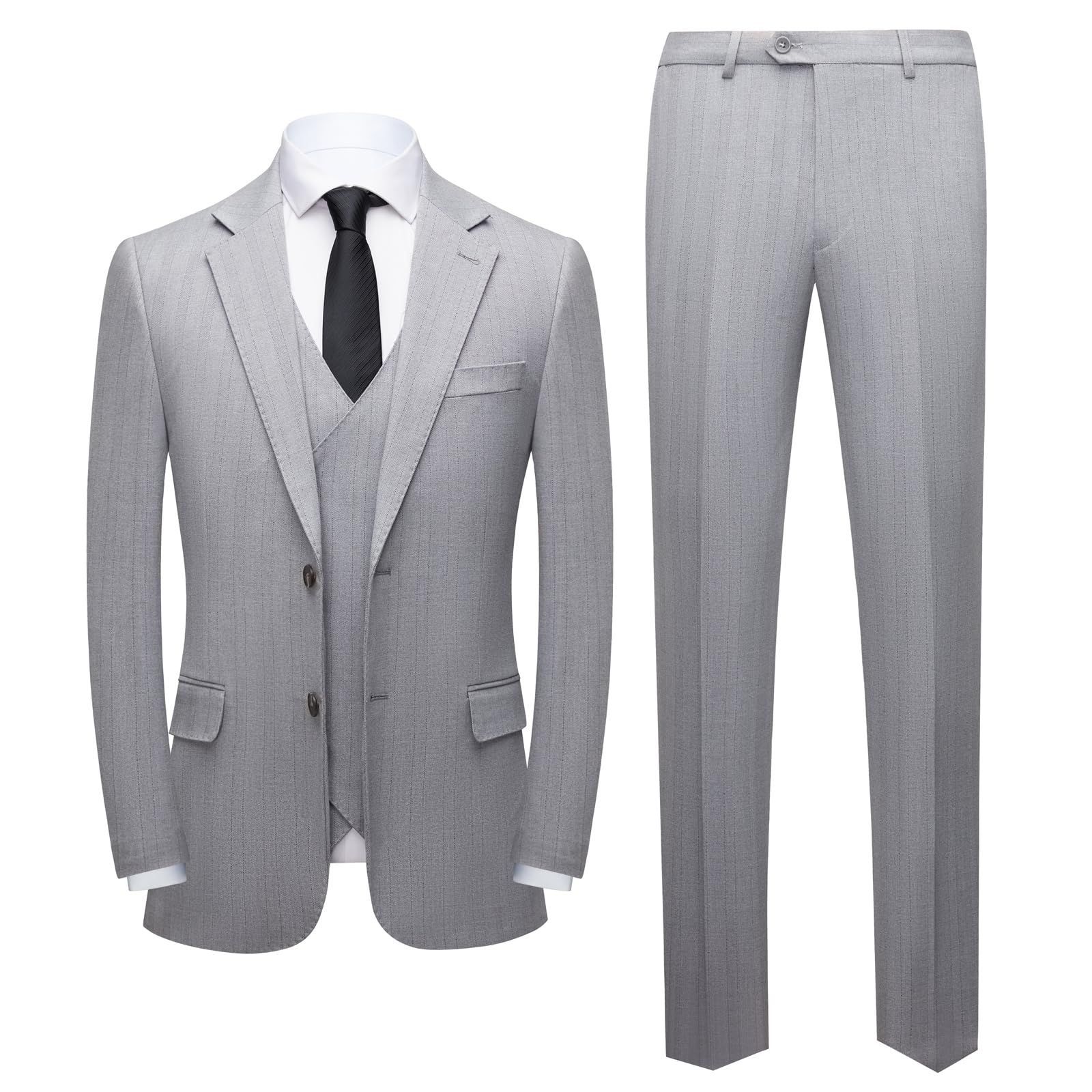 Size 2XL RegularLong_Color 629-ライトグレー Mgnaie スーツ 上下 ビジネス メンズ スリーピーススーツ ストライプセット コート ベスト パンツ スリムフィット 正装 ファッション スーツ 結婚式 ステージ