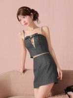 グレー fm3456 ROBE de FLEURS | ローブドフルール ラメ| ツイル| ビジュー| バストカット| リボン| 2WAY| ベア| キャミ| ストラップ| 台形| フ | セットアップ| ミニドレス| キャバドレス | ワンピース